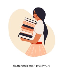 Woman holding pile of books flat cartoon illustration. Bookworm female character banner design. Beautiful girl in cute dress preparing for exam, work in library background
