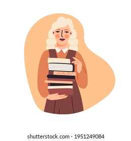 Woman holding pile of books flat cartoon illustration. Bookworm female character banner design. Beautiful girl in cute dress preparing for exam, work in library background