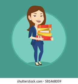 Woman holding a pile of educational books in hands. Student carrying huge stack of books. Student preparing for exam with books. Vector flat design illustration in the circle isolated on background.
