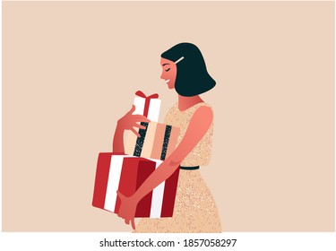 Woman holding a pile of presents in the boxes. New Year or Christmas celebration. Colorful vector illustration in modern flat style.