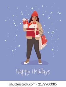 Woman holding a pile of presents in the boxes and shopping bag. New Year or Christmas celebration. Cartoon flat vector illustration. Christmas greeting card - happy holidays