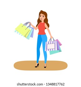 Woman holding pile of shopping bags. Shopaholic concept. Big sale and discount in the store. Purchasing everything. Isolated flat vector illustration
