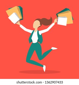 Woman holding pile of shopping bags and jumping. Shopaholic concept. Big sale and discount in the store. Purchasing everything. Isolated flat vector illustration