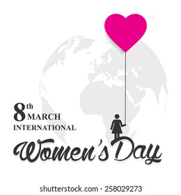 woman holding pink balloons set on white background | World earth globe in isolated background | 8th march International women's day