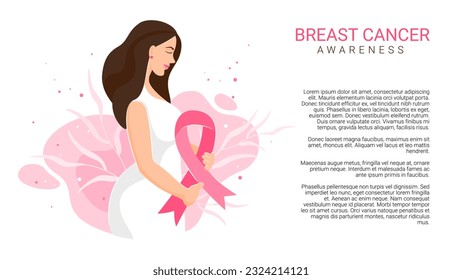 Woman holding Pink Ribbon. Banner with place for text.  Healthcare. Prevention. Concept of support and solidarity with females fighting oncological. Cartoon flat vector illustration