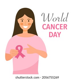 Woman holding pink ribbon logo in flat design. World cancer day concept. Cancer happy female patient.