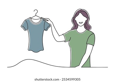 woman is holding a pink t-shirt continuous line art flat vector illustration on white background.