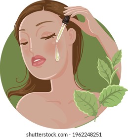 woman holding pipette with cosmetic oil or serum from natural extracts on the beautiful face skin  