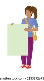 woman holding placard over white