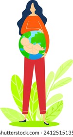 Woman holding planet earth with baby on it, nurturing nature concept. Mother earth cradles infant, symbolizes care for future generations vector illustration.