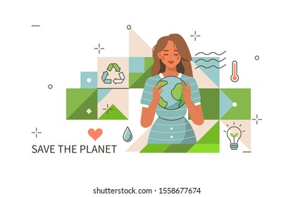 
Woman holding Planet Earth and take care about Ecology Problems. Environmental Protection Social Poster. Save the Planet Concept. World Environment Day. Flat Cartoon Vector Illustration.