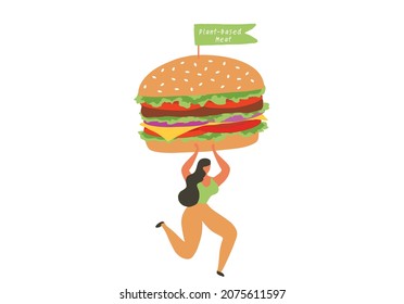 Woman holding plant based beyond meat hamburger vector illustration. Vegan and healthy lifestyle vegetarian  concept 