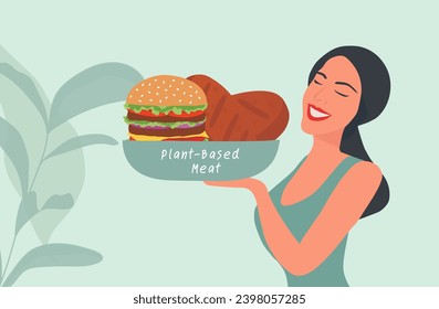 Woman holding plant based beyond meat hamburger vector illustration. Vegan and healthy lifestyle vegetarian  concept 