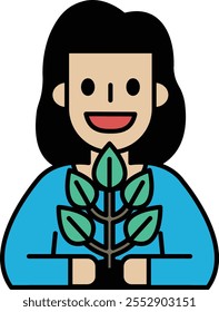 A woman is holding a plant in her hand. She is smiling and she is happy. Concept of joy and positivity, as the woman is surrounded by nature and seems to be enjoying her time with the plant