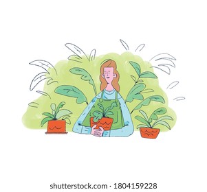 Woman holding plant. Hobbie at garden. Ecology and botanical concept. Vector illustration hand drawn, Watercolor and Isolated 