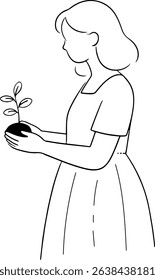 Woman Holding a Plant in a Minimalist Line Art Style
