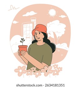 Woman holding a plant pot in blooming garden eco lifestyle vector