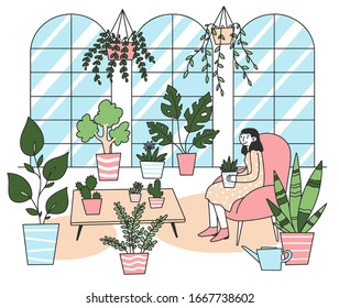 Woman holding plant in pot flat vector illustration. Cute lady relaxing in cozy room with houseplant. Garden, hobby and botanical concept