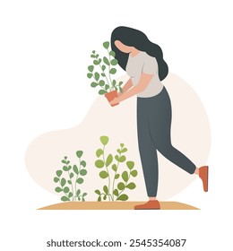 Mujer que sostiene una planta en una olla con el fondo frondoso. Ilustración vectorial