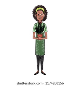 Woman holding plant pot scribble
