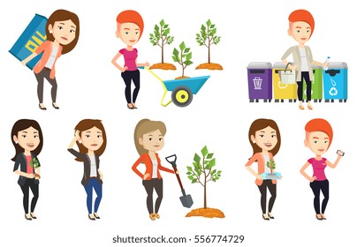 Woman holding plastic bottle with plant growing inside. Woman holding plastic bottle used as plant pot. Plastic recycling concept. Set of vector flat design illustrations isolated on white background.