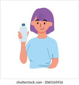 Woman holding a plastic bottle to promote. Suggestions for staying hydrated. Flat vector illustration. Isolated in white background