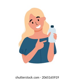 Woman holding a plastic bottle to promote. Suggestions for staying hydrated. Flat vector illustration. Isolated in white background