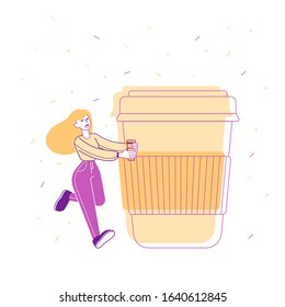 Woman Holding Plastic Coffee Cup with Beverage on White Background. Takeaway Cold and Hot Drinks, Street Food Recreation, City Dweller, Office Lifestyle. Cartoon Flat Vector Illustration, Line Art