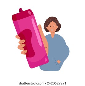 Mujer sosteniendo una botella de plástico para entrenamiento activo. Refrescar botella Icono vector coloreado aislado en fondo blanco. Carácter deportivo femenino con botella de agua. Beber más concepto de agua