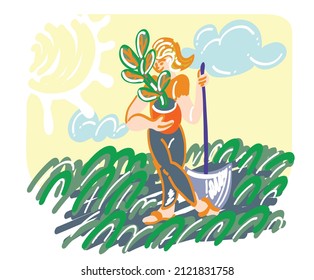 Woman holding plat and spade.
illustration of green meadow and small plant.

