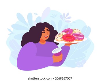 A woman holding a plate with delicious doughnuts and a cup of coffee. Icing decorated donut. A girl looking at a sweet dessert. A vector cartoon illustration.