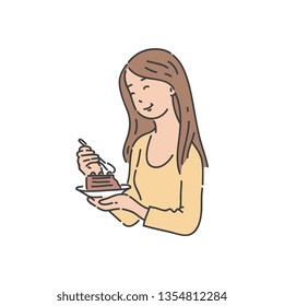 Woman holding plate and eating cake with pleasure sketch style, vector illustration isolated on white background. Smiling female is enjoying unhealthy food with closed eyes