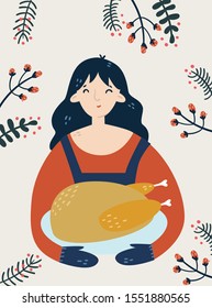 Woman holding plate with roasted chicken or turkey. Christmas food, New Year food, family dinner.