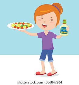 Woman holding plate of salad and salad dressing