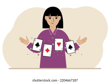 Woman holding playing cards cards. Playing combination of 4 aces or four of a kind.