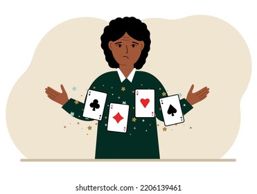 Woman holding playing cards cards. Playing combination of 4 aces or four of a kind. Vector flat illustration