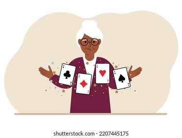 Woman holding playing cards cards. Playing combination of 4 aces or four of a kind. Vector flat illustration