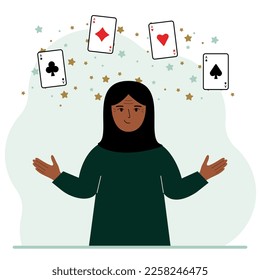 Woman holding playing cards cards. Playing combination of 4 aces or four of a kind. Vector flat illustration
