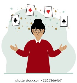 Woman holding playing cards cards. Playing combination of 4 aces or four of a kind. Vector flat illustration