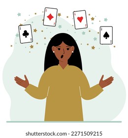 Woman holding playing cards cards. Playing combination of 4 aces or four of a kind. Vector flat illustration