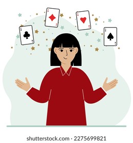Woman holding playing cards cards. Playing combination of 4 aces or four of a kind. Vector flat illustration