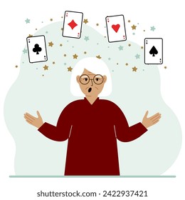 Woman holding playing cards cards. Playing combination of 4 aces or four of a kind.