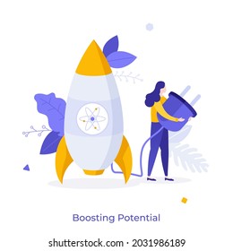 Woman holding plug connected to spacecraft, spaceship or space rocket. Concept of boosting potential, personal development and growth, startup launch. Modern flat vector illustration for banner.