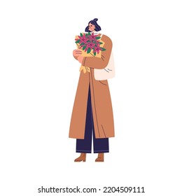 Woman holding poinsettia, Christmas flower bouquet. Happy young girl standing with Xmas gift, floral plant bunch for winter holiday. Flat graphic vector illustration isolated on white background