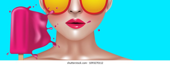 Woman holding Popsicle splash wearing colorful glasses on neon blue background with copy space. Hot Summer concept. Vector and illustration