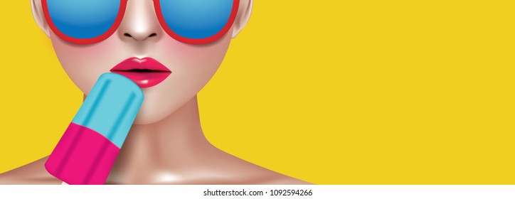 Woman holding Popsicle wearing colorful glasses on yellow background with copy space. Hot Summer concept. Vector and illustration