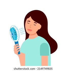 Woman holding portable fan blowing her face in flat design.