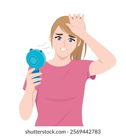 Woman holding portable fan blowing her sweaty face. Flat vector Character Illustration