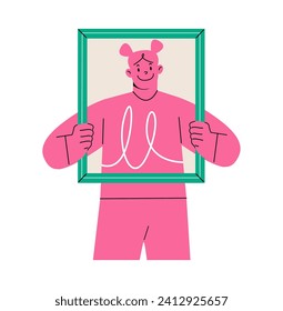 Woman holding portrait frame, for concept of narcissism. Colorful vector illustration
