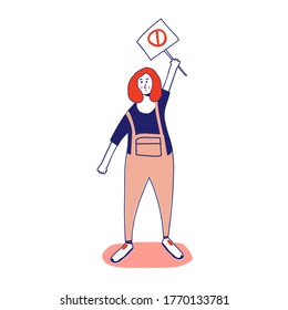 Woman holding a poster, protesting activist, workers strike. Worker holds a blank banner, takes part in the parade. Manifesto with a demo sign with blank space for text. Single picket for women's